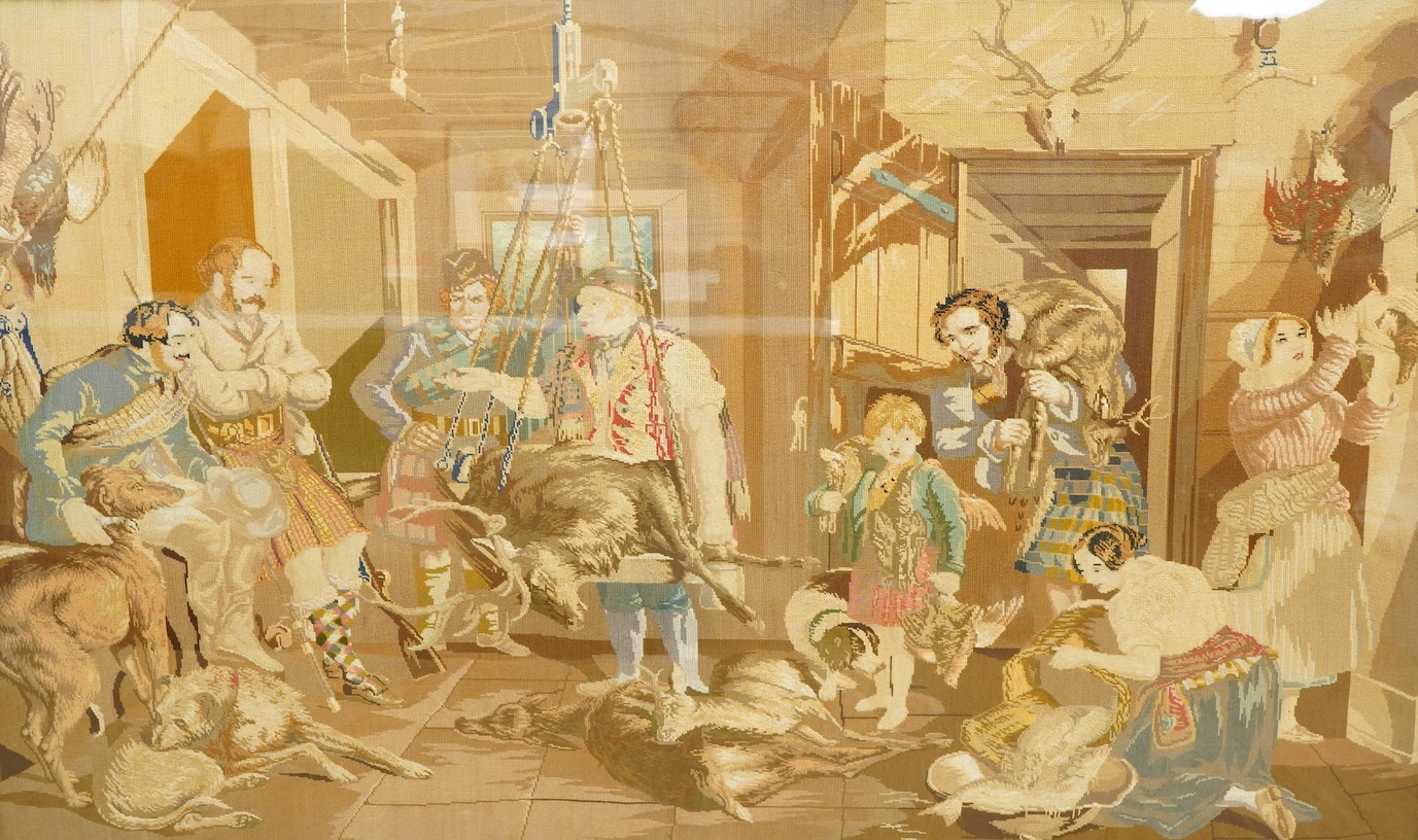 A late 19th century Berlin wool work, 'The Weighing of the deer', after John Frederick Taylor, sewn by a various female family members of the Nairns family of Fife.